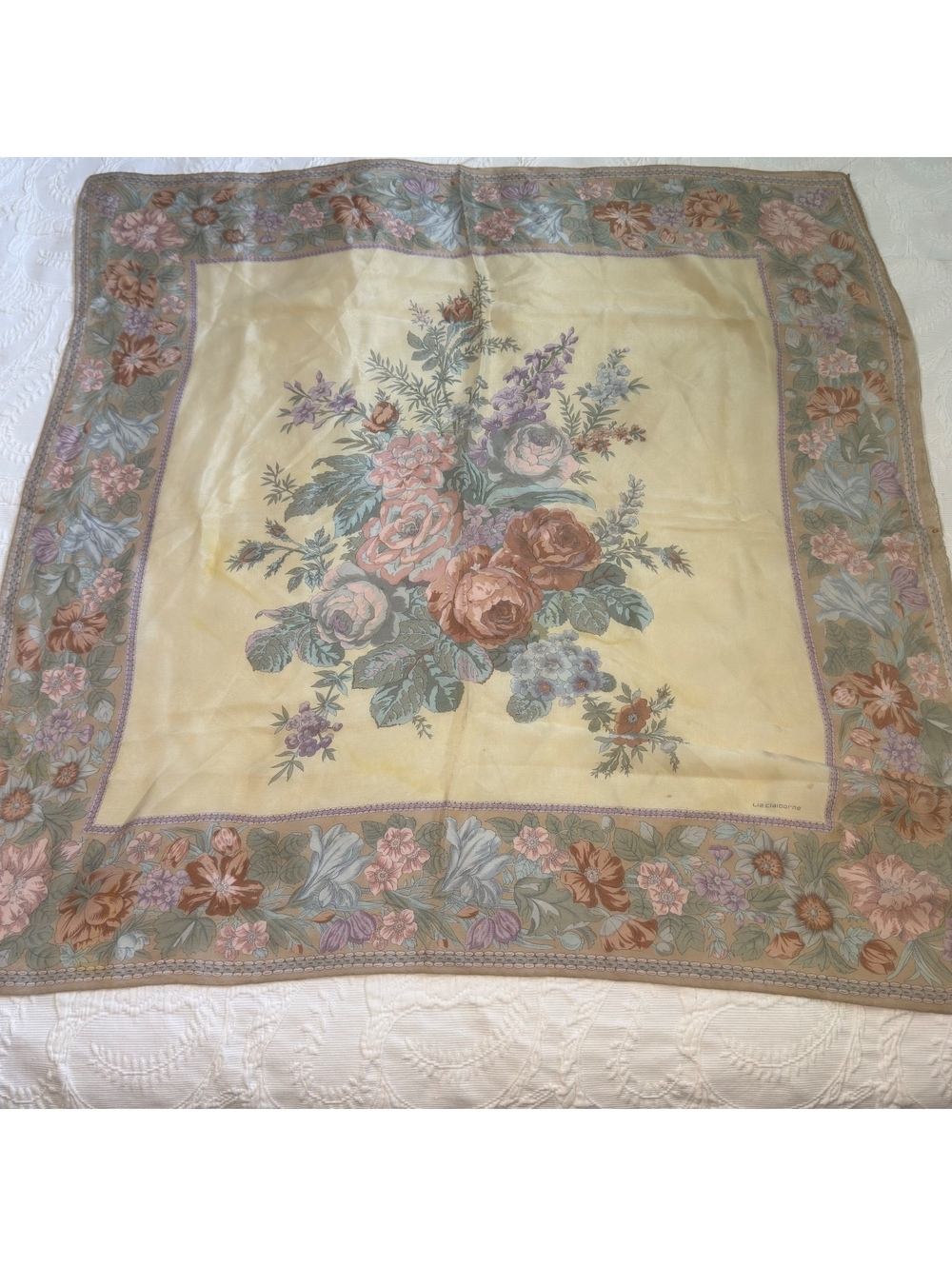 Vintage Liz Claiborne Floral Silky Scarf 30x30 Cottagecore Botanical Square - Picture 5 of 5